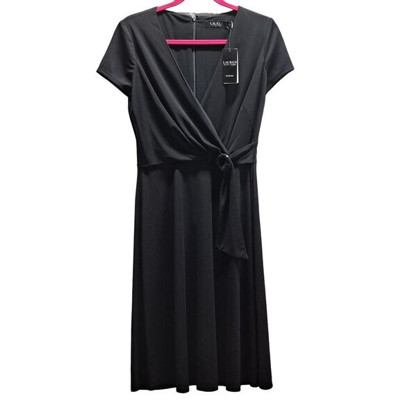 Lauren Ralph Lauren Black label Black Faux Wrap Top Cap Sleeve Dress 4 - Picture 1 of 12
